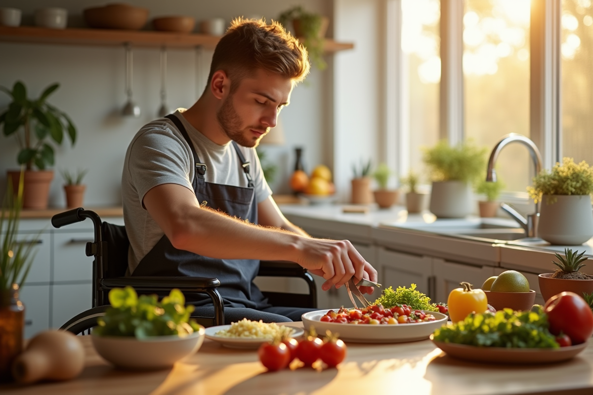 Jeune homme en fauteuil prepaant un repas sain dans la cuisine