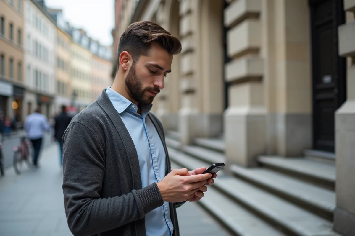 Jeune homme écrivant un message dans la rue en ville