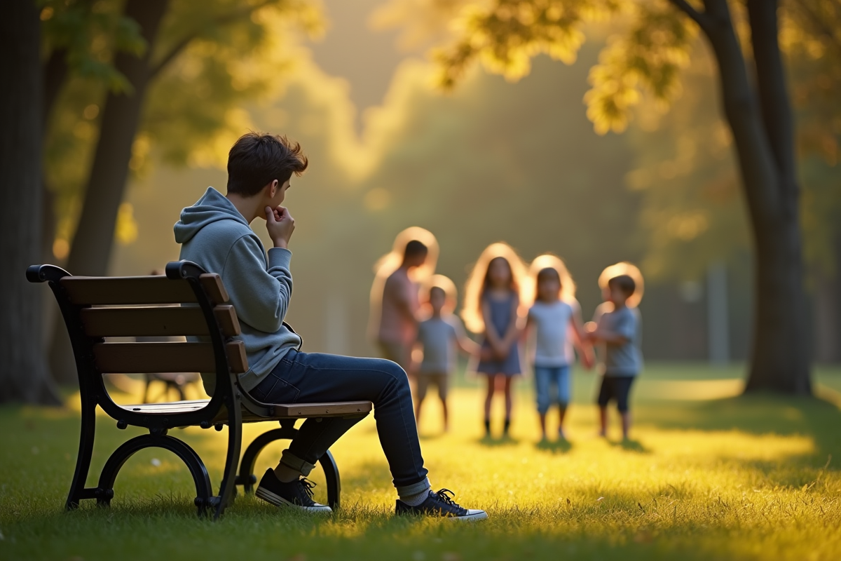 Jeune adulte seul sur un banc de parc en réflexion
