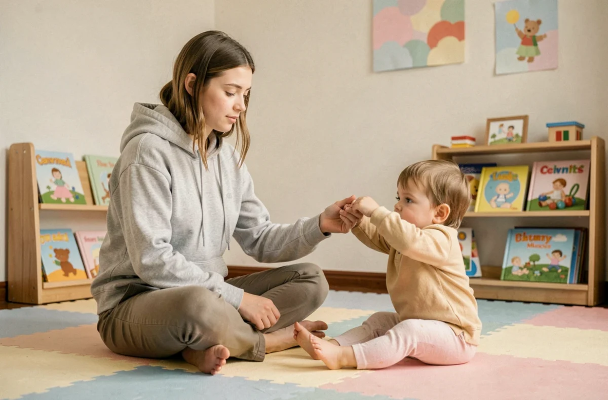 Johanna, baby-sitter en formation soins à la personne, interagissant avec un enfant dans une salle de jeux