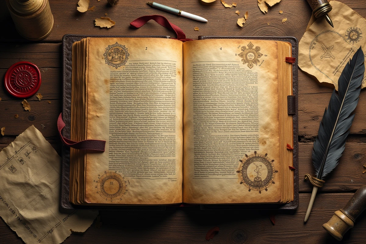 Journal ancien ouvert avec cartes et symboles mystérieux évoquant le siècle oublié et les secrets des Gorosei dans One Piece