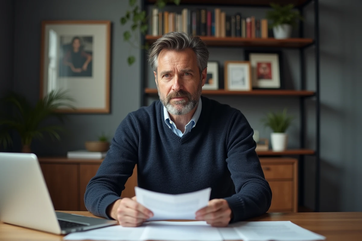 Journaliste en int&eacute;rieur avec notes et ordinateur