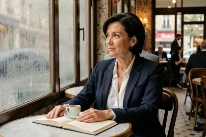 Journaliste française pensive dans un café parisien, carnet ouvert devant elle, illustrant la frontière entre vie publique et vie privée