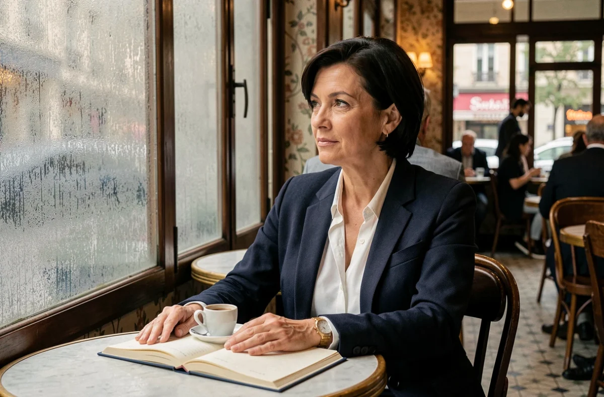 Journaliste française pensive dans un café parisien, carnet ouvert devant elle, illustrant la frontière entre vie publique et vie privée