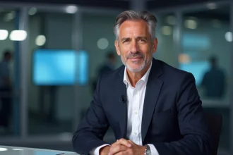 Portrait d'un journaliste présentateur de télévision français assis au bureau d'un plateau de news moderne