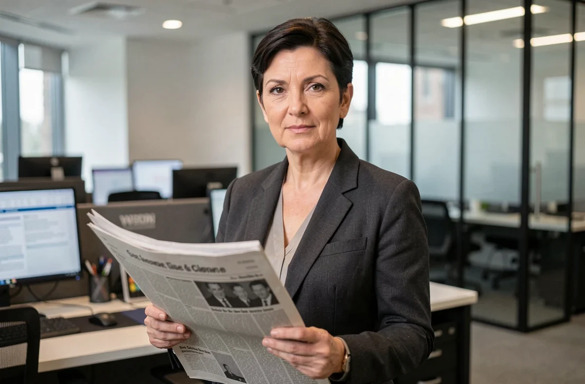 Femme journaliste dans une salle de rédaction moderne tenant un journal, évoquant la notoriété publique et la question de la vie privée des personnalités médiatiques