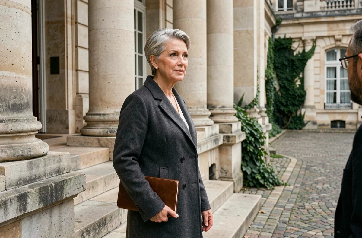 Femme journaliste debout devant un bâtiment institutionnel parisien en pierre, tenant un carnet, incarnant la prise de position publique et l'assurance professionnelle