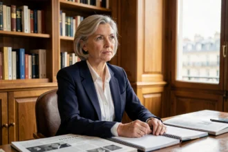 Journaliste femme élégante assise à un bureau parisien entouré de journaux, exprimant assurance et réflexion dans un cadre éditorial classique