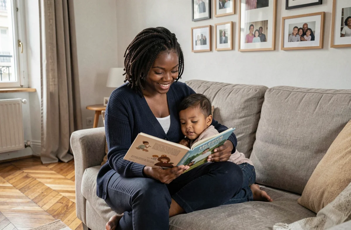 Kadidia Sylla, baby-sitter expérimentée à Nantes, lisant un livre illustré à un jeune enfant sur un canapé