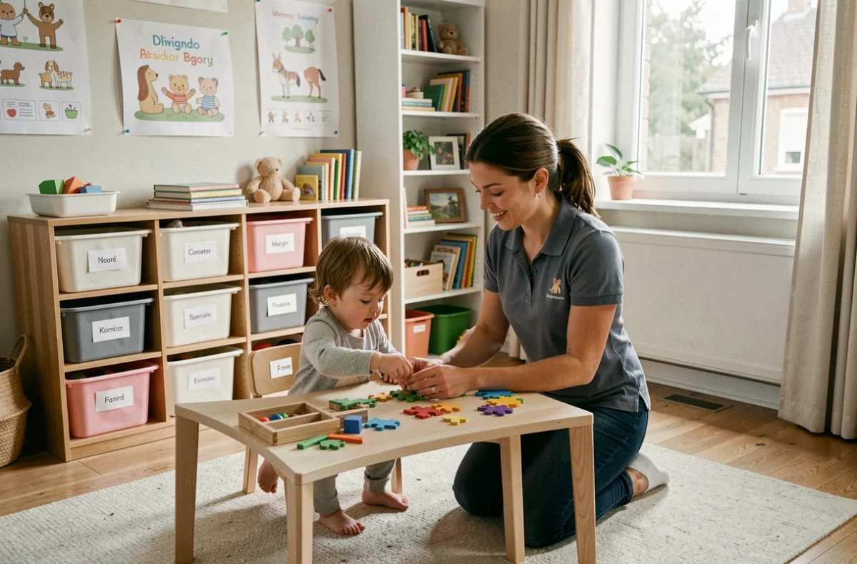 Garde d'enfants structurée à domicile par Kangourou Kids avec une professionnelle en activité éducative