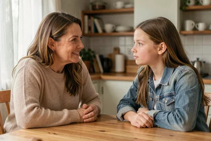 Femme adulte en conversation bienveillante avec sa filleule adolescente autour d'une table en bois dans une cuisine chaleureuse