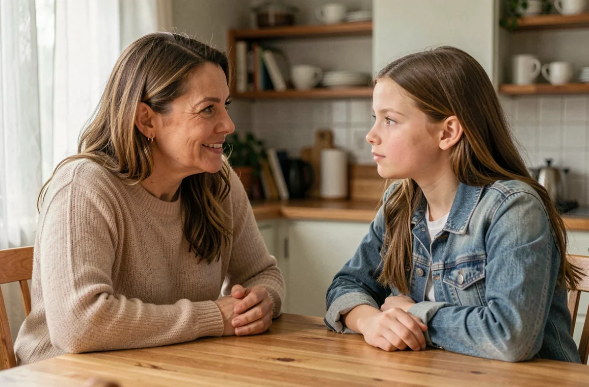 Femme adulte en conversation bienveillante avec sa filleule adolescente autour d'une table en bois dans une cuisine chaleureuse