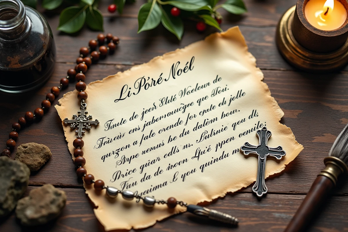 Lettre manuscrite au Père Noël sur papier parchemin avec un crucifix, un chapelet et une bougie en cire d'abeille sur un bureau en bois