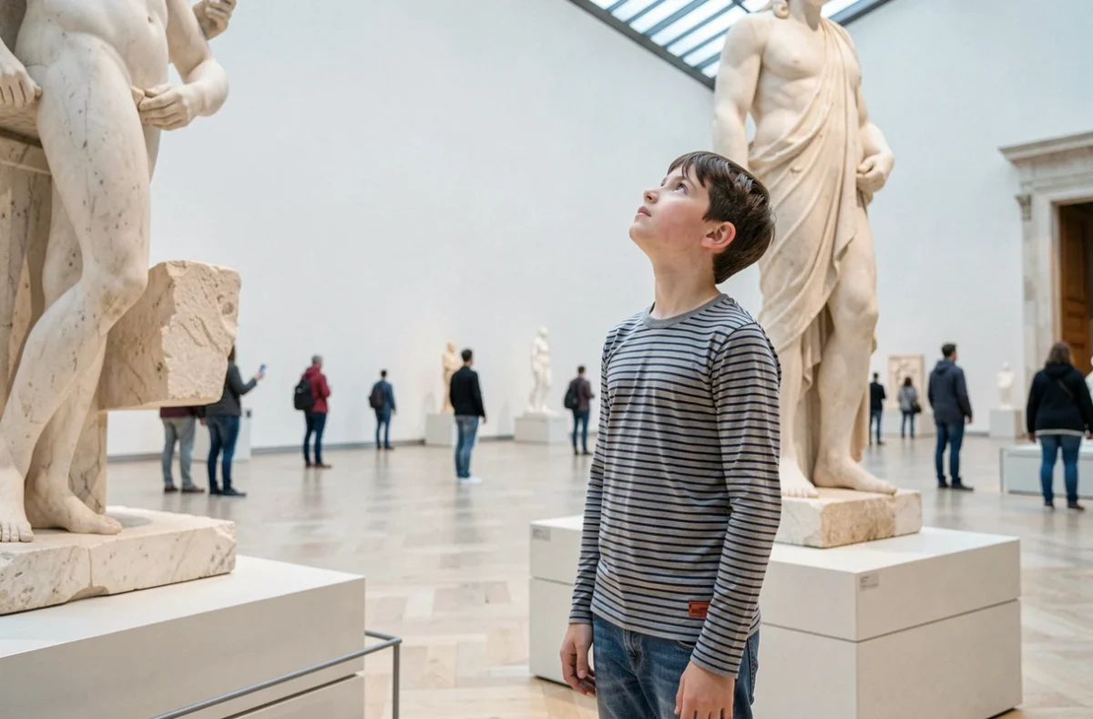 Enfant admirant une sculpture antique au musée du Louvre-Lens dans le Pas-de-Calais