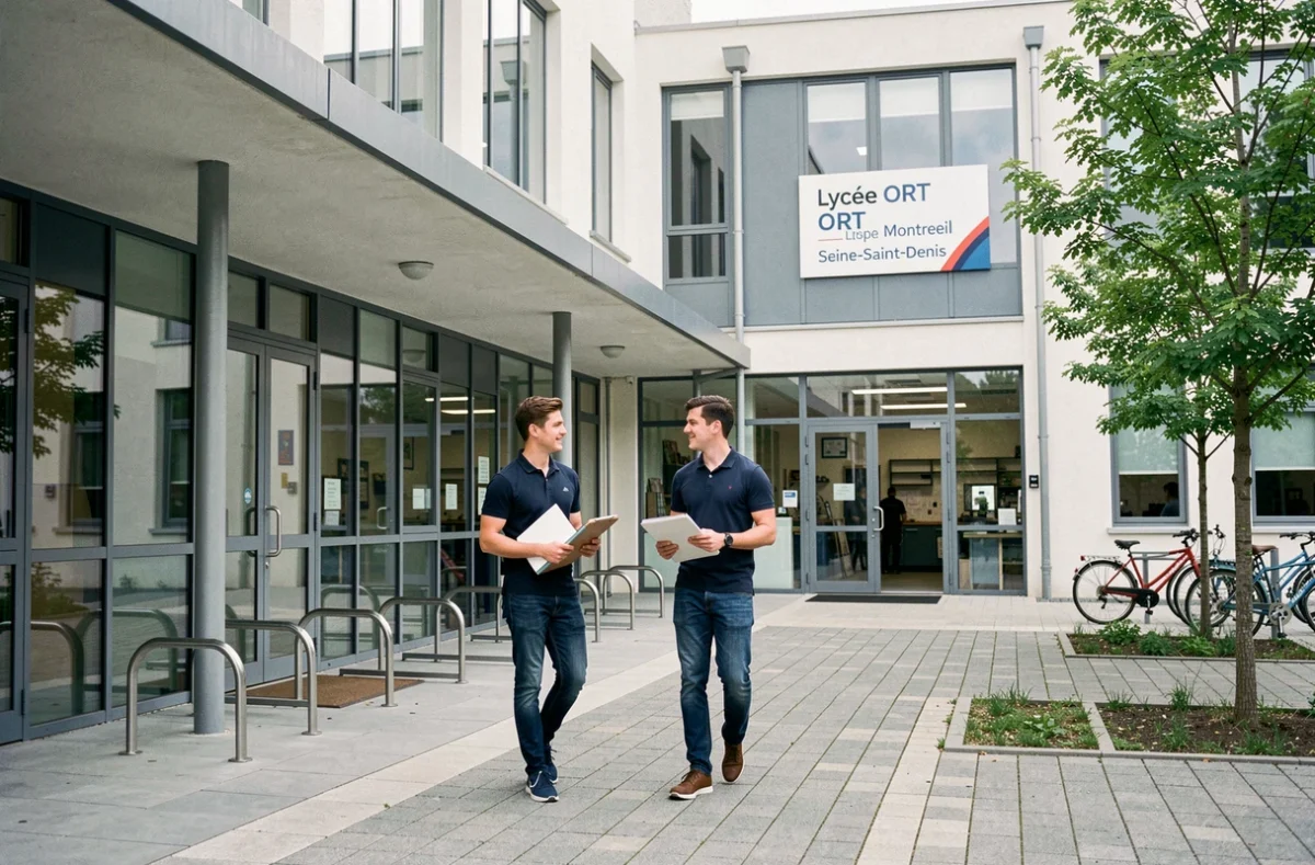 Deux élèves devant le Lycée ORT à Montreuil, établissement technologique et professionnel de Seine-Saint-Denis