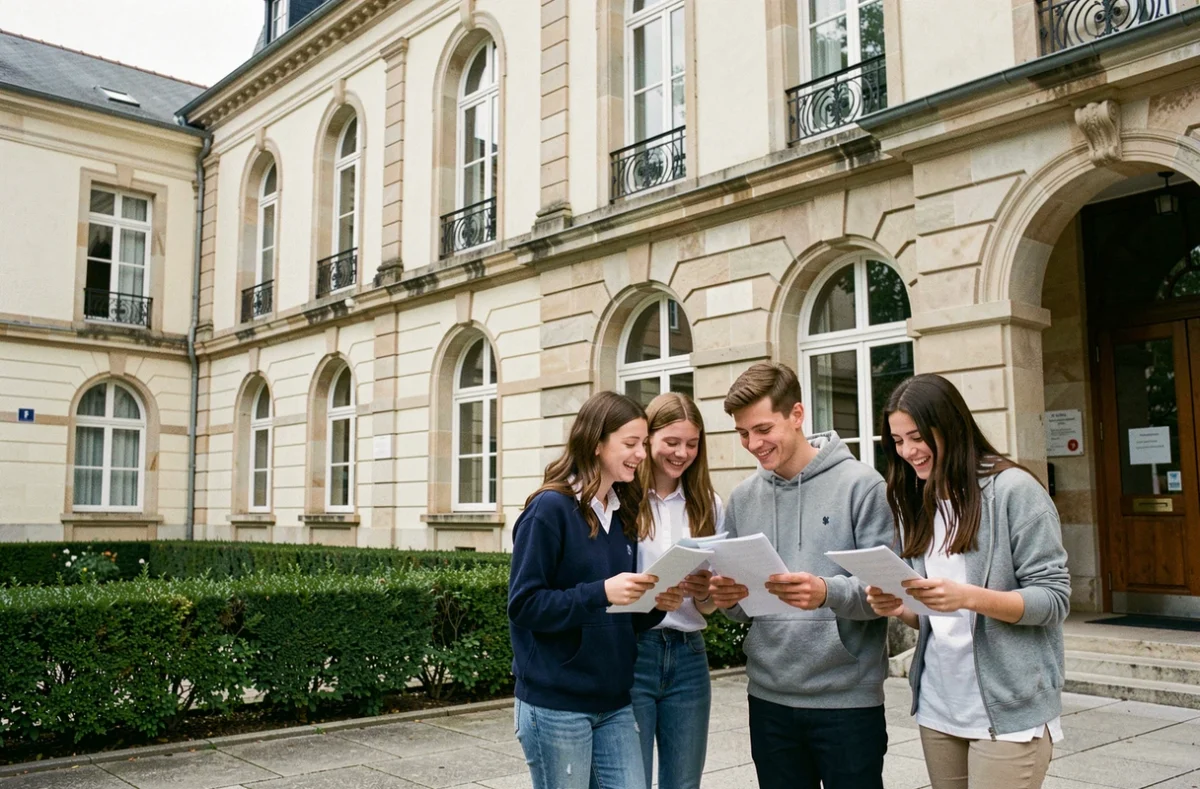 Élèves du lycée Saint-Louis Blanche de Castille à Villemomble devant la façade de l'établissement