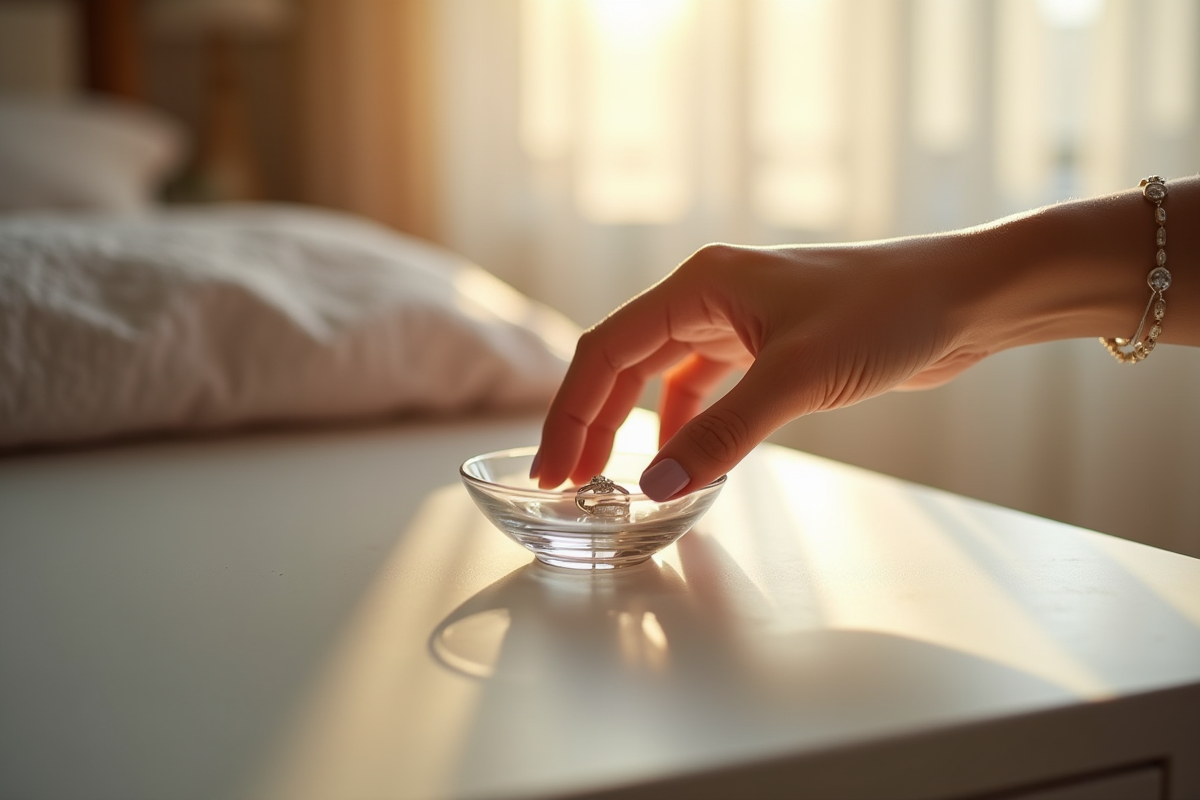 Main déposant une bague dans un petit gobelet au matin