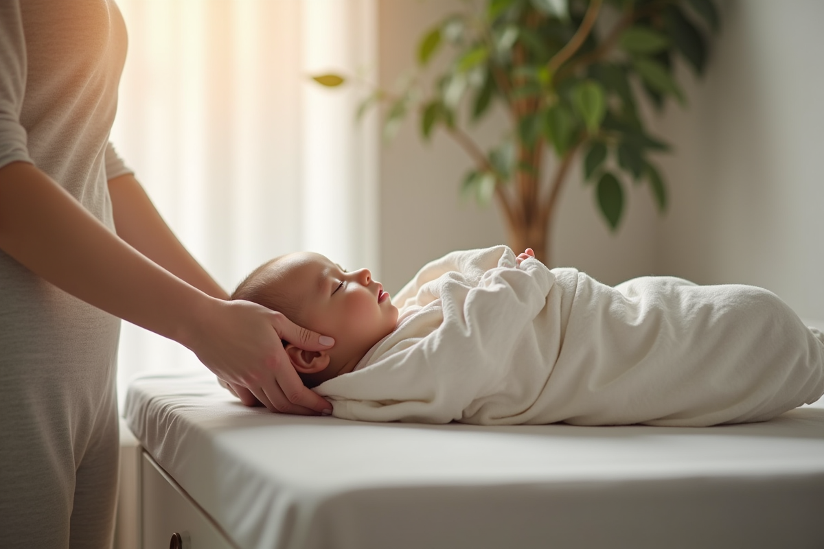 Maman posant doucement son bébé dans un sac de sommeil moderne