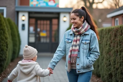 Maman souriante avec sa fille devant la creche moderne
