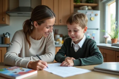 Maman souriante avec son enfant remplissant un formulaire d'absence