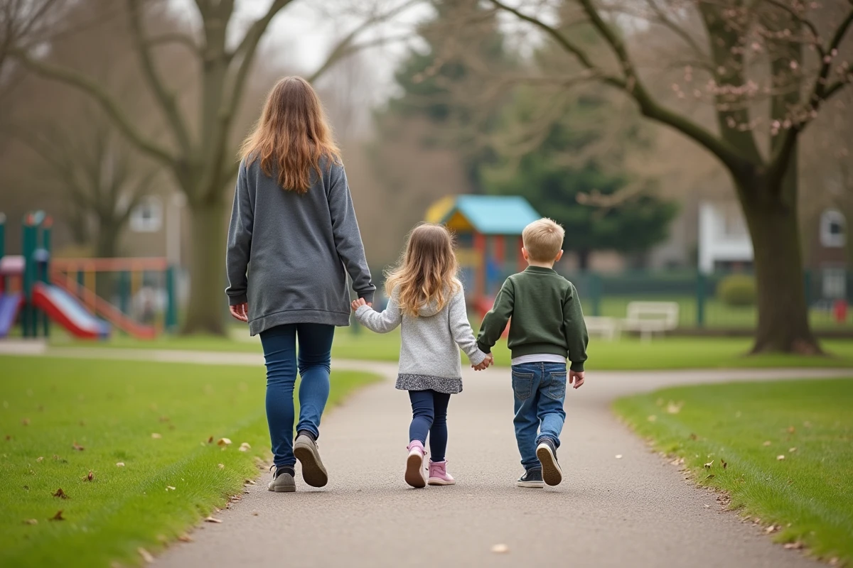 Maman et ses enfants marchent main dans la main dans un parc au printemps