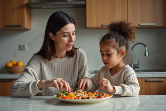 Maman inquiète avec sa fille lors d'un repas à la maison