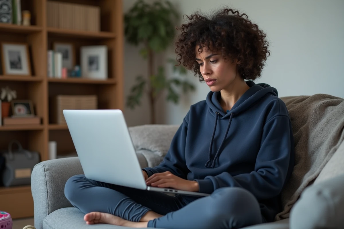 Femme monoparentale évaluant un site web de ressources pour mamans seules sur son ordinateur portable dans son salon