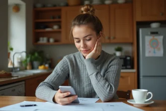 Maman solo assise à sa table de cuisine, consultant une application de soutien parental sur son smartphone