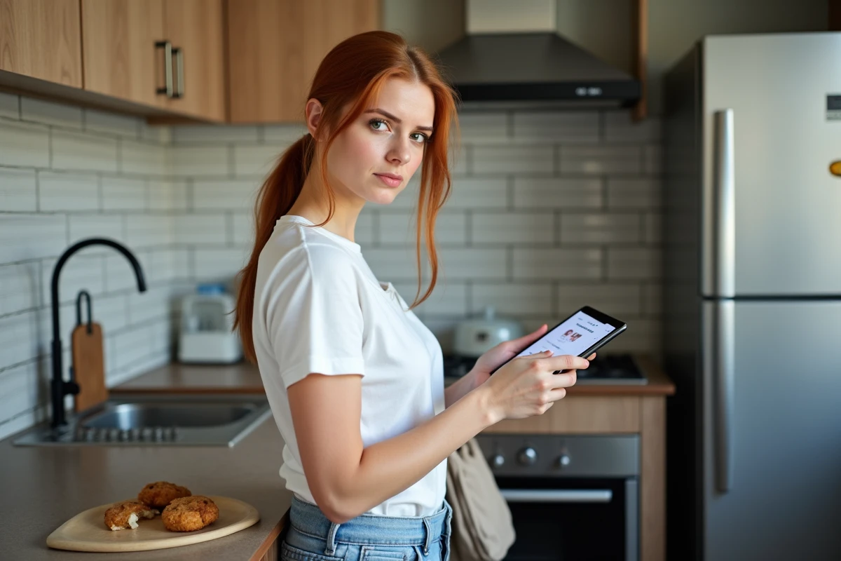 Maman solo debout dans sa cuisine tenant une tablette pour consulter des avis sur une application dédiée aux parents seuls