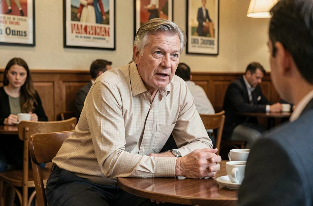 Animateur télévisuel accordant de rares confidences dans un café parisien, expression ouverte et sincère lors d'une rencontre journalistique intime