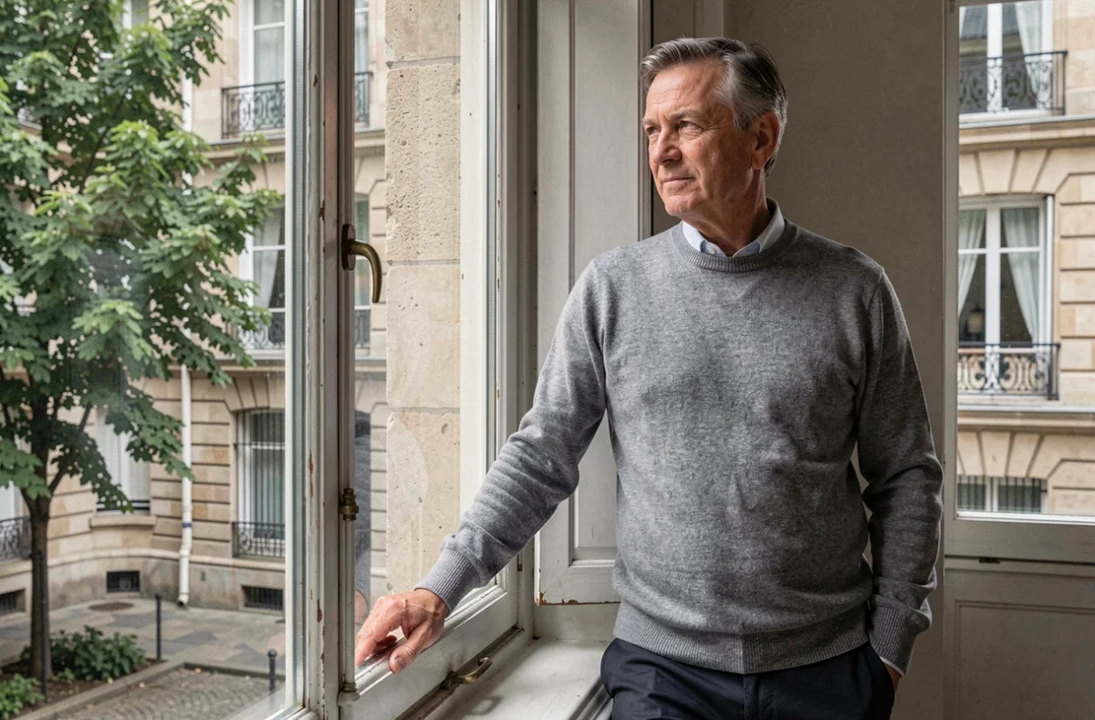 Présentateur télévision regardant par une fenêtre parisienne, posture détendue et contemplative symbolisant ses confidences rares sur sa vie familiale