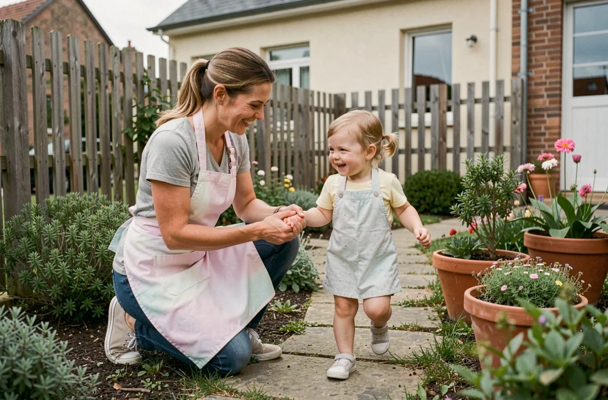Marie Bannier, assistante maternelle et baby-sitter à Nantes, accompagnant un enfant dans son jardin