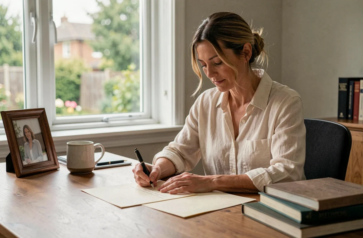 Marraine adulte écrivant une lettre sincère à sa filleule à son bureau à domicile, ambiance intime et réfléchie
