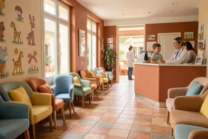 Salle d'attente d'un cabinet pédiatrique en Occitanie avec décor coloré et médecin accueillant un enfant