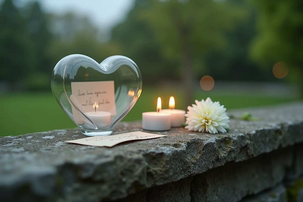 Arrangement commémoratif extérieur avec bougeoir en cœur, bougies allumées et carte de condoléances manuscrite sur pierre