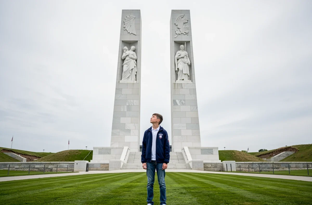 Enfant devant le Mémorial National du Canada à Vimy dans le Pas-de-Calais
