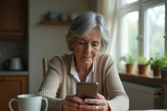 Mère d'âge mûr assise seule à une table de cuisine tenant un téléphone avec un message sans réponse de son fils adulte