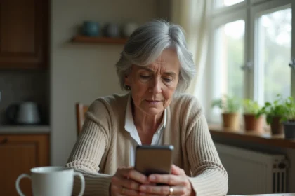 Mère d'âge mûr assise seule à une table de cuisine tenant un téléphone avec un message sans réponse de son fils adulte