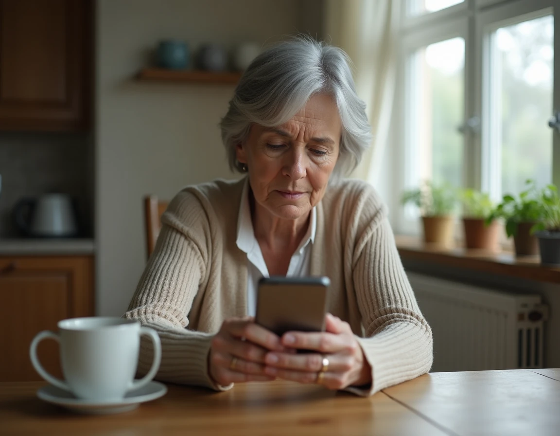 Mère d'âge mûr assise seule à une table de cuisine tenant un téléphone avec un message sans réponse de son fils adulte