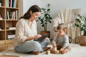 Mère avec son bambin consultant une liste de naissance sur tablette dans un salon scandinave épuré