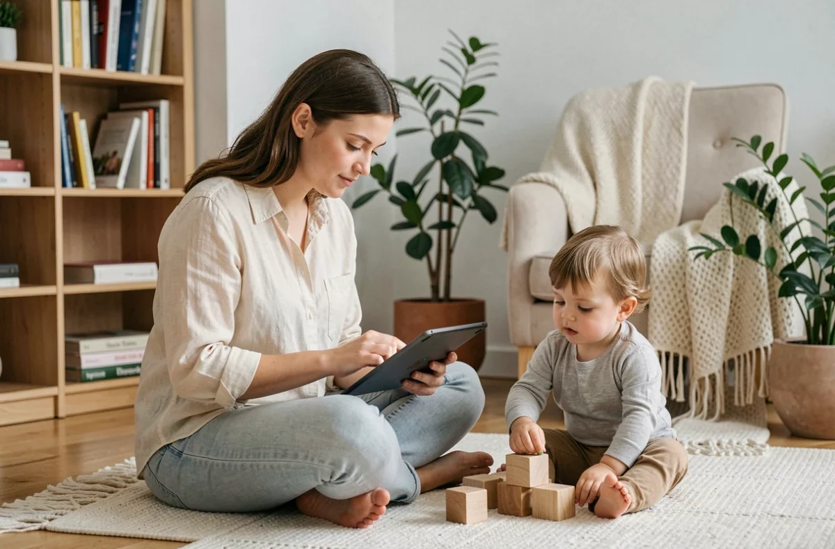 Mère avec son bambin consultant une liste de naissance sur tablette dans un salon scandinave épuré