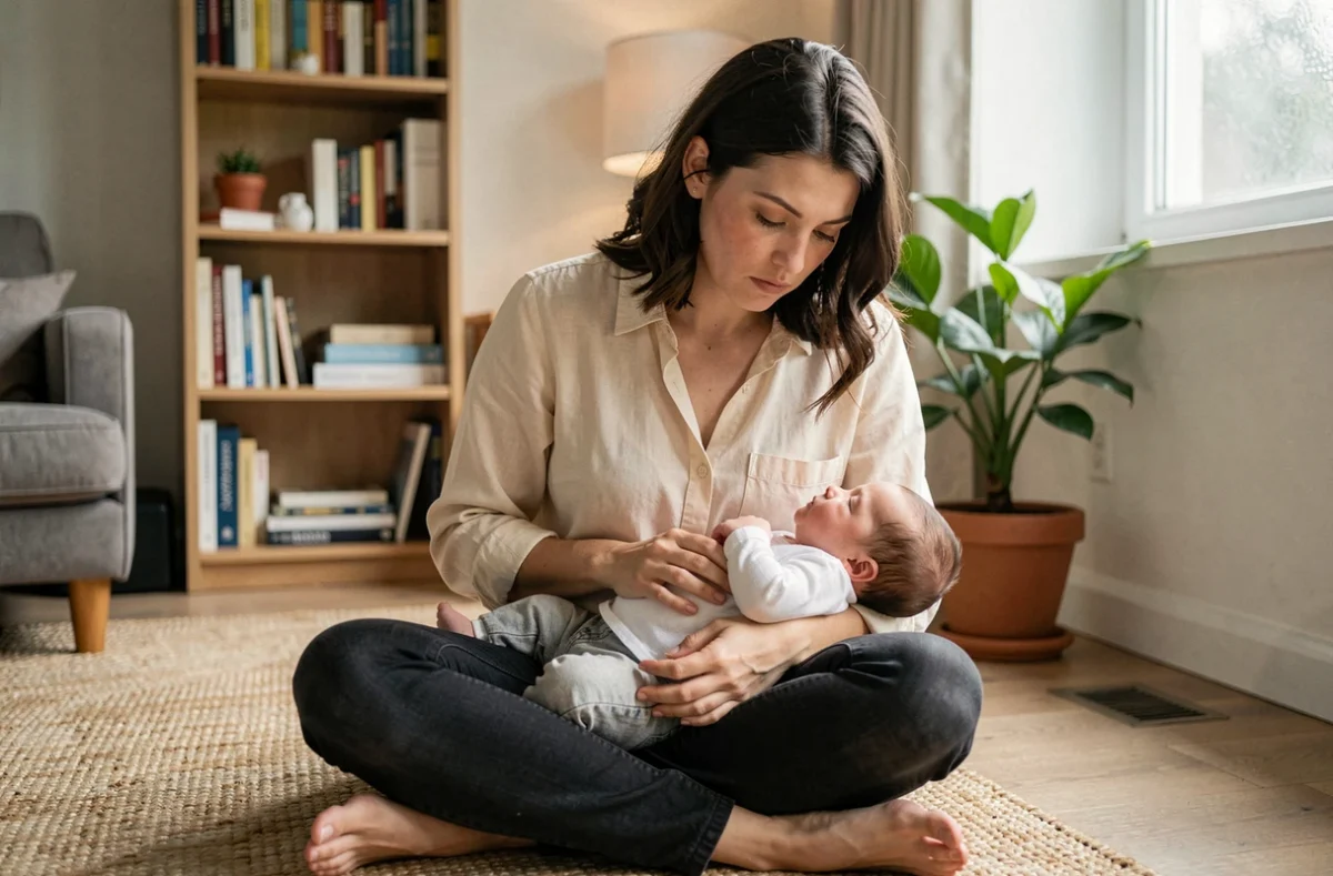 Mère pensive tenant son bébé à la maison, questionnant ses croyances religieuses avant le baptême