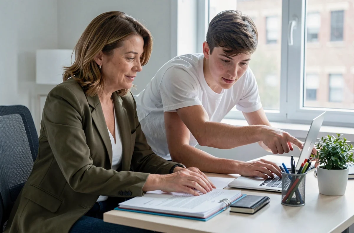 Mère et adolescent consultant ensemble un message destiné à l'enseignante sur un ordinateur portable