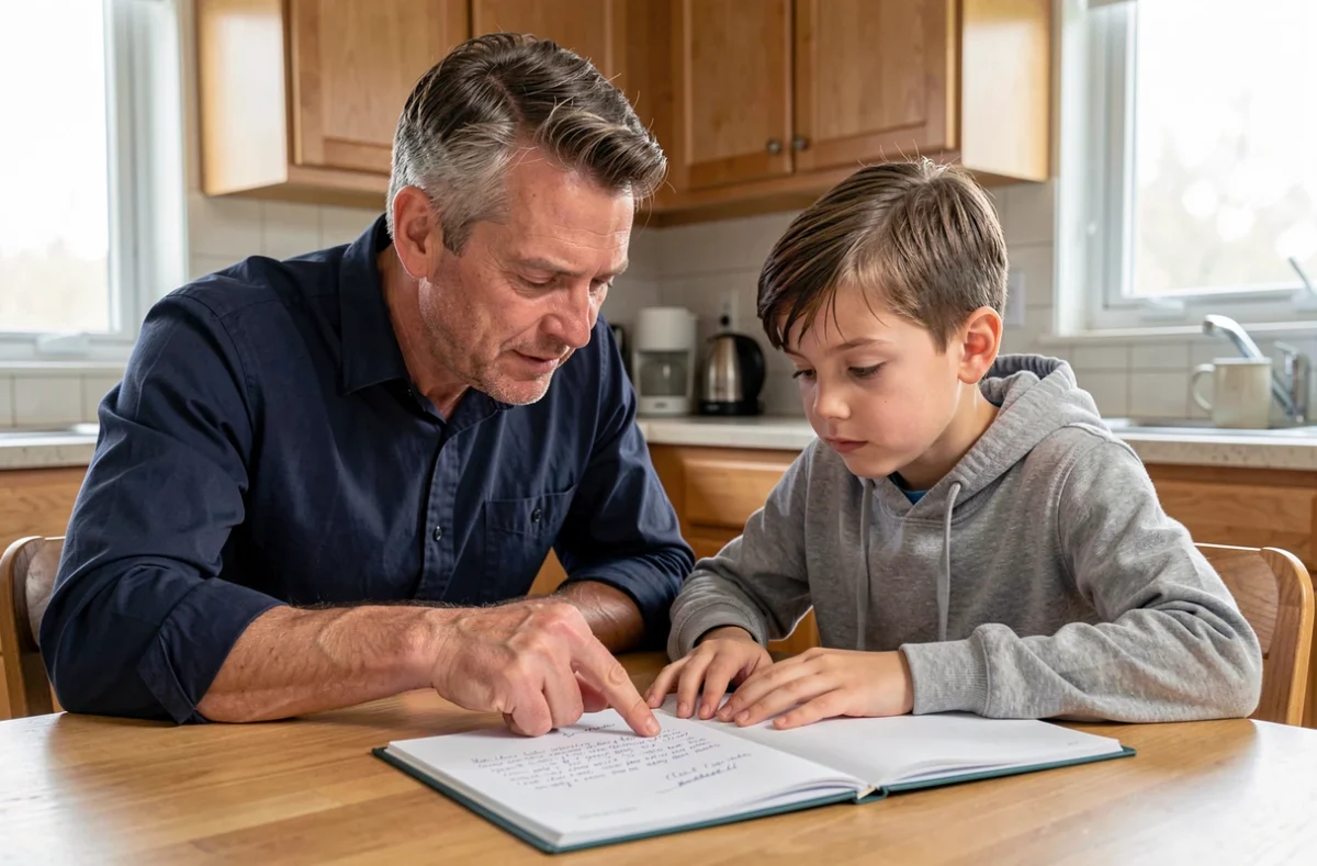 Père aidant son fils de 10 ans à rédiger un message pour la maîtresse à la table de cuisine