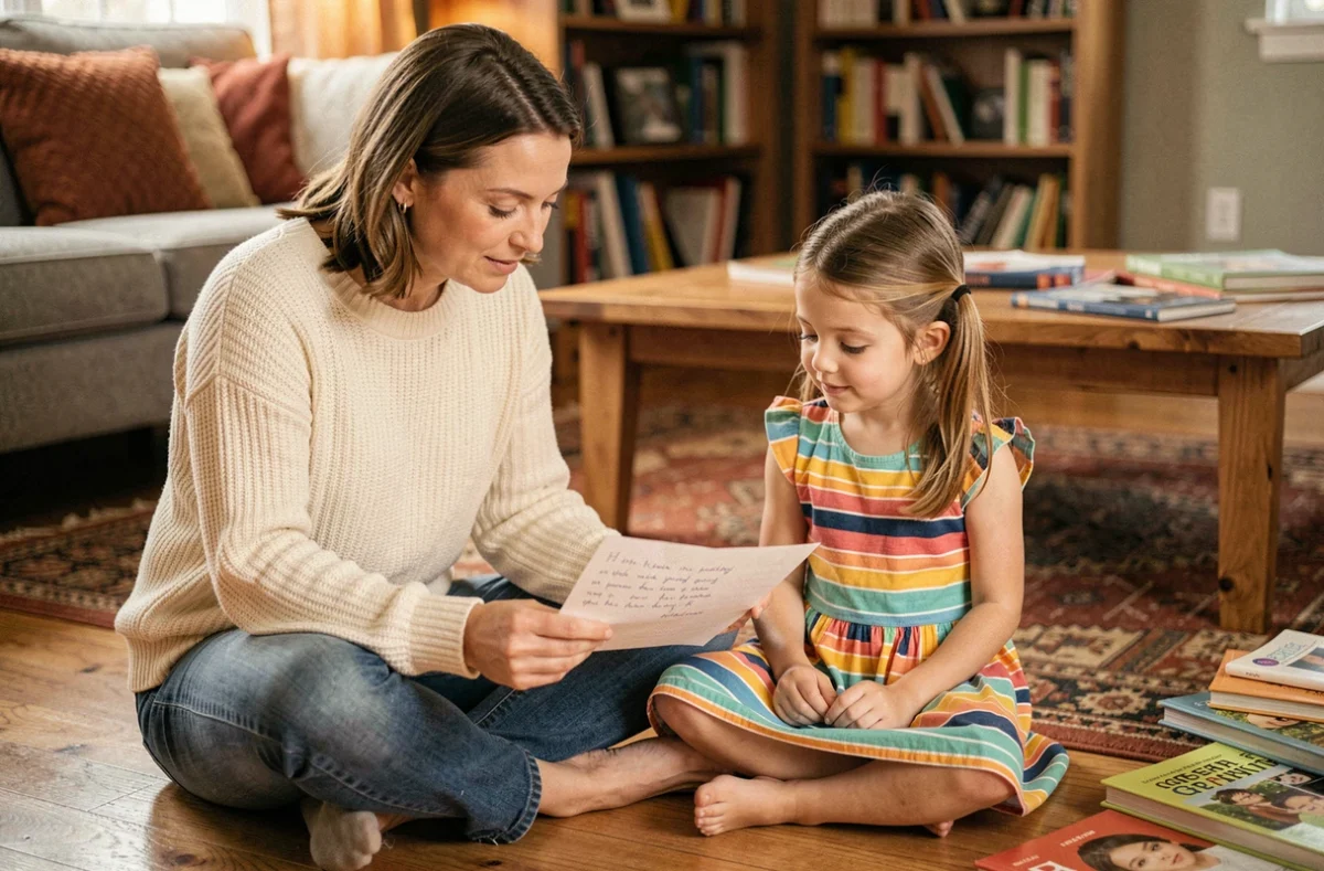Mère et petite fille lisant ensemble un message écrit à la main sur le sol d'un salon chaleureux