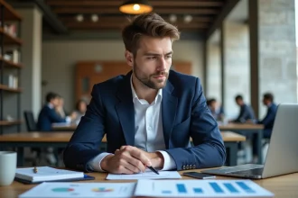 Jeune professionnel concentré travaillant dans un espace de coworking moderne, illustrant le métier très recherché de Sacha Milhau-Menahem en 2026