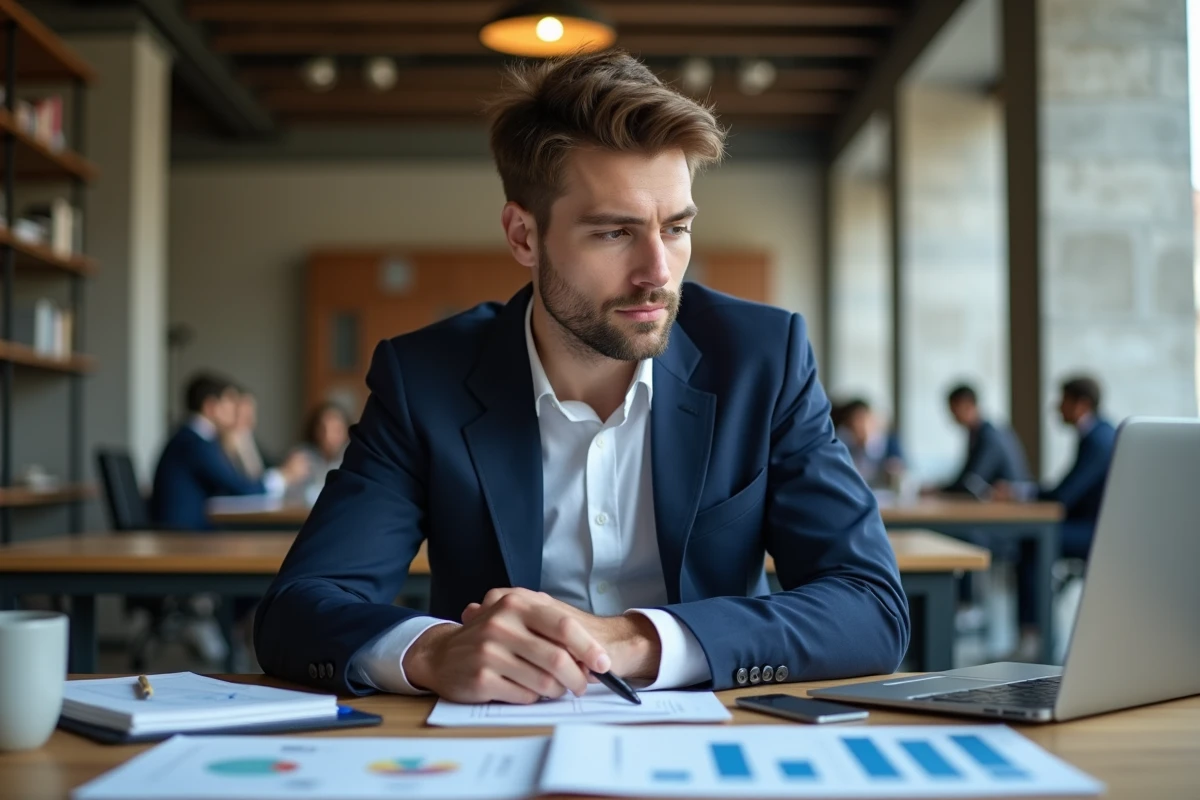 Jeune professionnel concentré travaillant dans un espace de coworking moderne, illustrant le métier très recherché de Sacha Milhau-Menahem en 2026