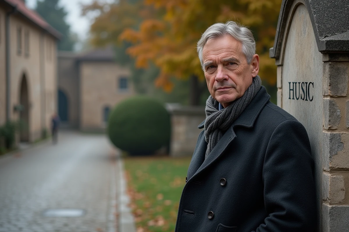 Homme avec manteau devant monument familial en village