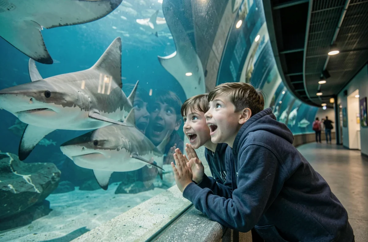 Enfants fascinés devant le grand aquarium de Nausicaá à Boulogne-sur-Mer
