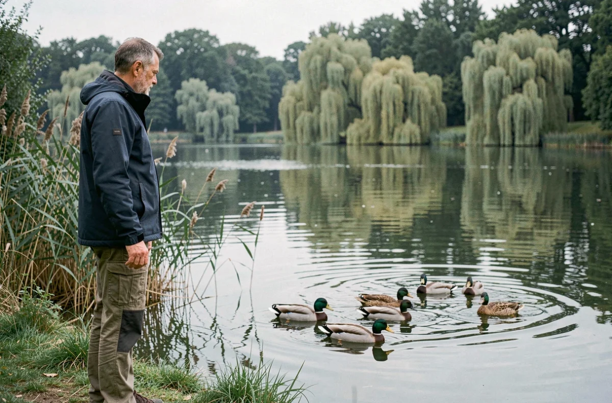 Homme observant la faune au bord d'un lac calme dans le Parc Naturel Régional du Vexin français, Île-de-France